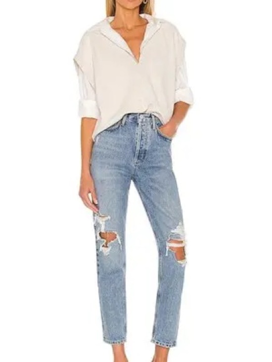 Agolde Denim - AGOLDE Fen High-Rise Relaxed Light Blue Distressed Tapered Jeans